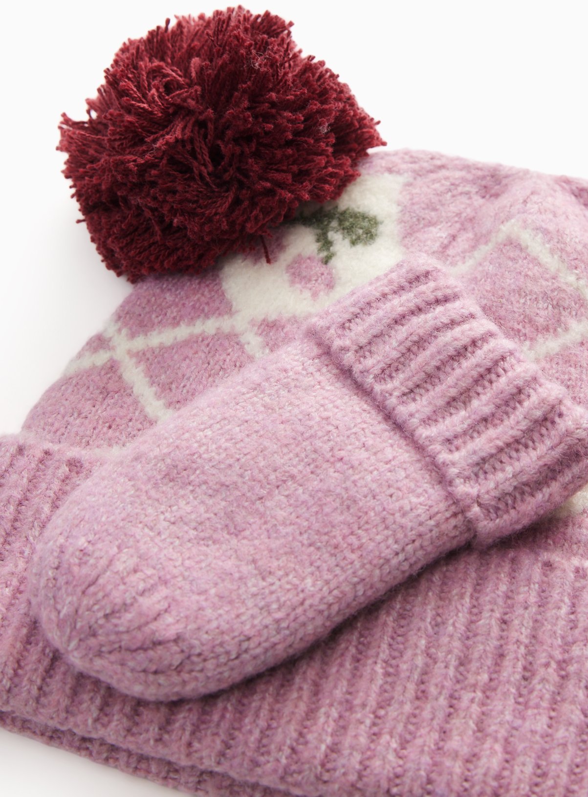 Cherry Double Pom Beanie & Mittens Set 6-12 months - Image 2 thumbnail